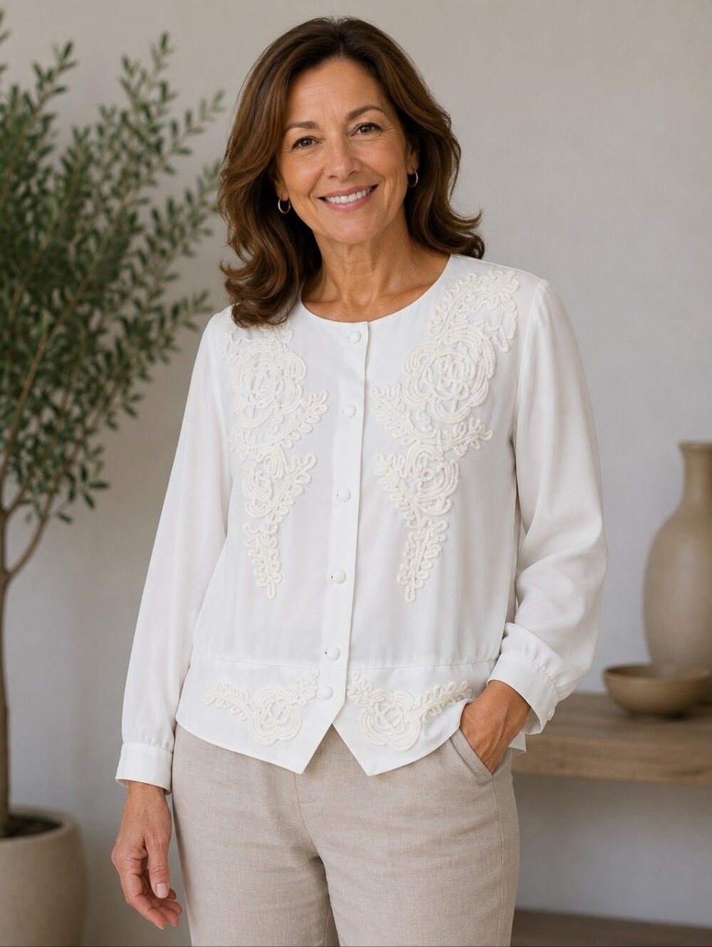 Kathy Che Vintage Sheer Embroidered Blouse Jacket Size 16 Ivory Button Front